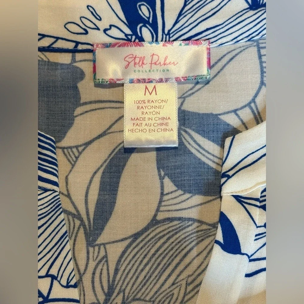 Steff‎ Parker Blue White Floral Rayon Blouse V Neck Tie Front M - Picture 5 of 5
